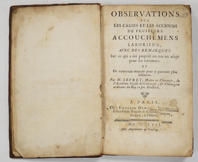 Levret, André - Observations sur les Causes et les Accidens de plusieurs Accouchements Laborieux, avec des remarques sur ce qui a été proposé on mis en usage pour les terminer ... folded plate; contemp. mottled calf, gil